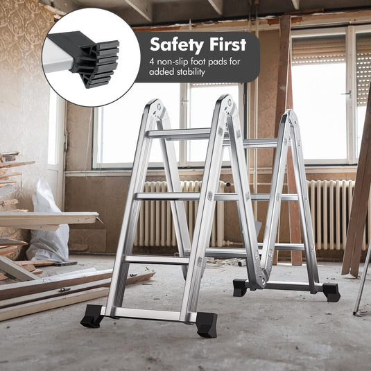 Goplus 12.2 FT Folding Step Ladder, 7-in-1 Multiposition Aluminium Extension Ladder with Reinforced Stabilizer Bar & Non-Slip Foot Pads - GoplusUS