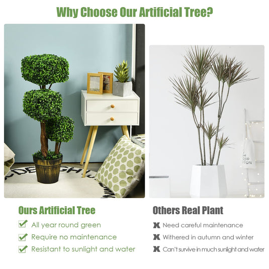 36' Artificial Triple Square Shaped Boxwood Topiary Tree W/ Cement-Filled Plastic Pot - GoplusUS