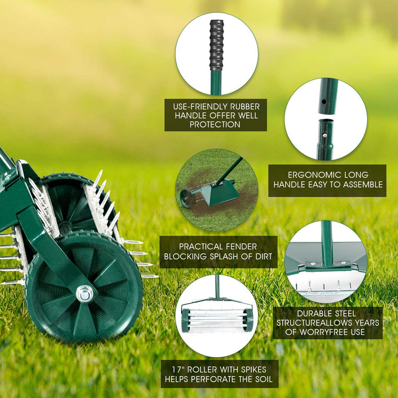 Load image into Gallery viewer, Lawn Aerator 18-inch Garden Yard Rotary Push Tine Heavy Duty Spike Soil Aeration, 40.5-in Handle (Green w/Fender) - GoplusUS
