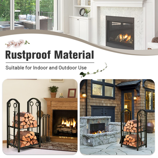 Goplus Firewood Rack with 4 Fireplace Tools, Wrought Iron Log Holders with Poker - GoplusUS
