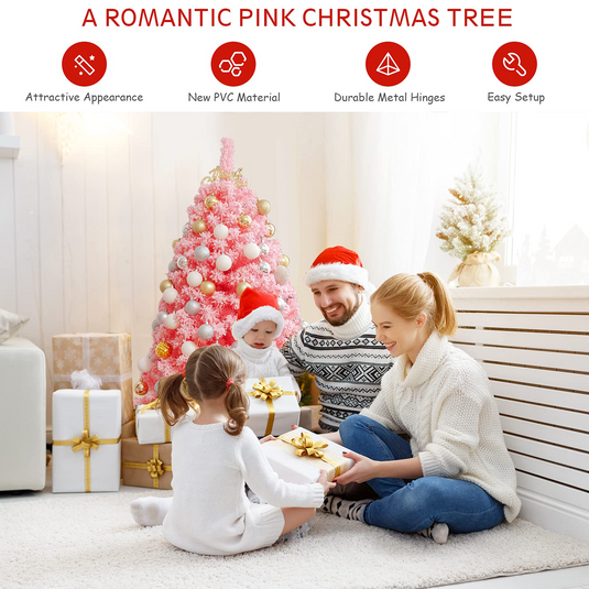 Goplus 4.5ft Pink Artificial Christmas Tree, Unlit Hinged Snow Flocked Xmas Tree w/ 348 PVC Branch Tips & Metal Stand - GoplusUS
