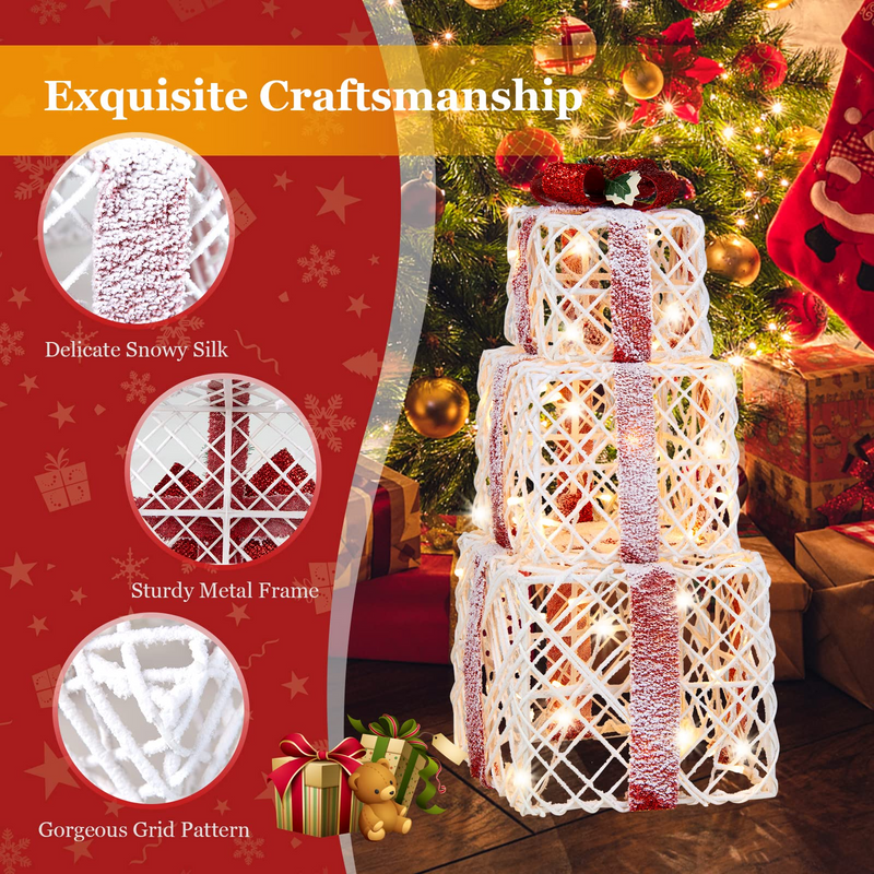 Load image into Gallery viewer, Lighted Gift Boxes Christmas Decoration, Set of 3 White Present Ornament Boxes with 60 LED Lights - GoplusUS
