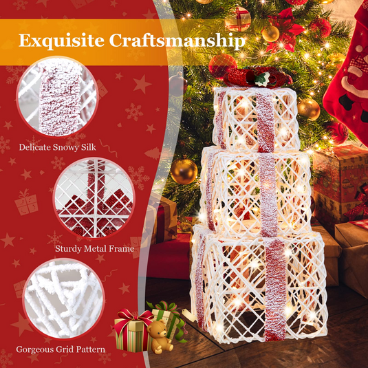 Lighted Gift Boxes Christmas Decoration, Set of 3 White Present Ornament Boxes with 60 LED Lights - GoplusUS