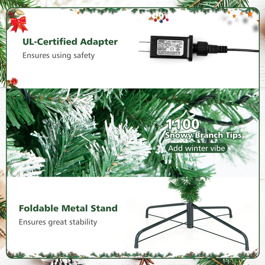 Goplus 7.5ft Pre-lit Upside Down Christmas Tree, Hinged Inverted Artificial Xmas Tree W/ 1100 Snowy Branch Tips - GoplusUS