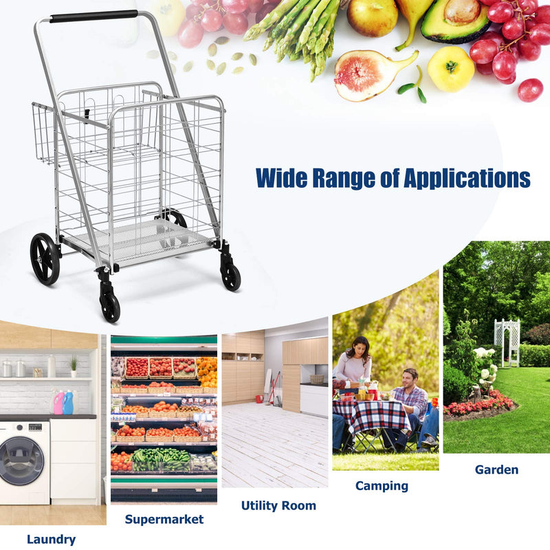 Load image into Gallery viewer, Folding Shopping Cart, Jumbo Double Basket Utility Grocery Cart 330lbs Capacity with 360 degree Rolling Swivel Wheels - GoplusUS
