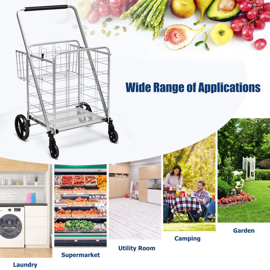 Folding Shopping Cart, Jumbo Double Basket Utility Grocery Cart 330lbs Capacity with 360 degree Rolling Swivel Wheels - GoplusUS