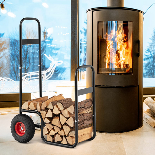 Goplus Firewood Log Cart, Outdoor Indoor Firewood Rack Storage Mover with Wear-Resistant Rubber Wheels - GoplusUS