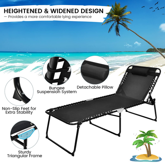 Goplus Beach Lounge Chair, Folding Chaise Lounger with Detachable Pillow & Adjustable 4-Level Backrest & 2-Level Footrest - GoplusUS