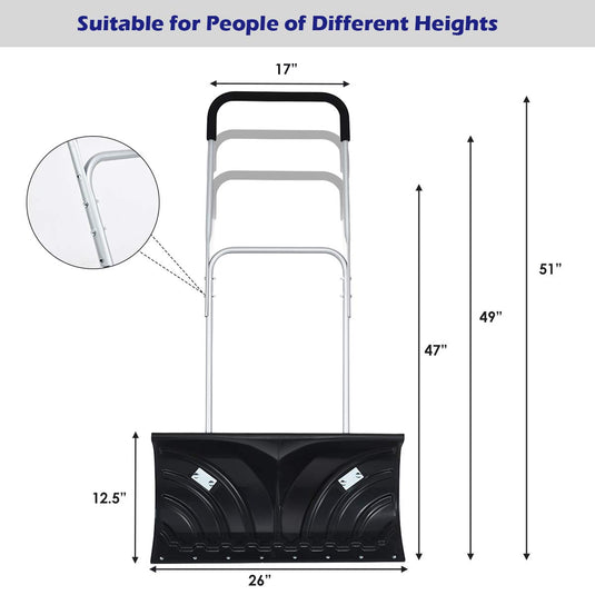 Goplus Rolling Snow Pusher Shovel, Handle Adjustable Snow Removal Tool, Manual Push Plow with 6-inch Wheels for Walkways - GoplusUS