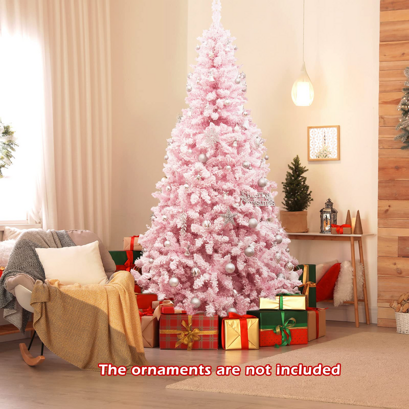 Load image into Gallery viewer, Goplus 7.5ft Pink Pre-Lit Christmas Tree, Hinged Artificial Snow Flocked Xmas Tree with 1100 PVC Branch Tips, 450 LED Lights - GoplusUS
