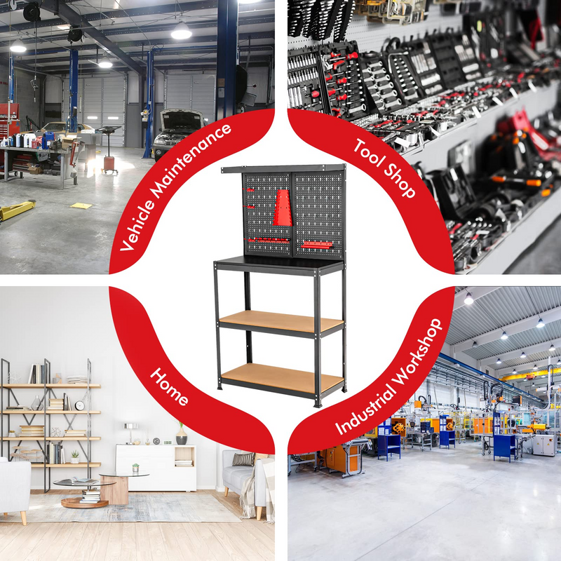 Load image into Gallery viewer, Goplus Workbench with Pegboard, Heavy-Duty Steel Tool Table with 2 Open Shelves, 13 Hanging Accessories Included - GoplusUS
