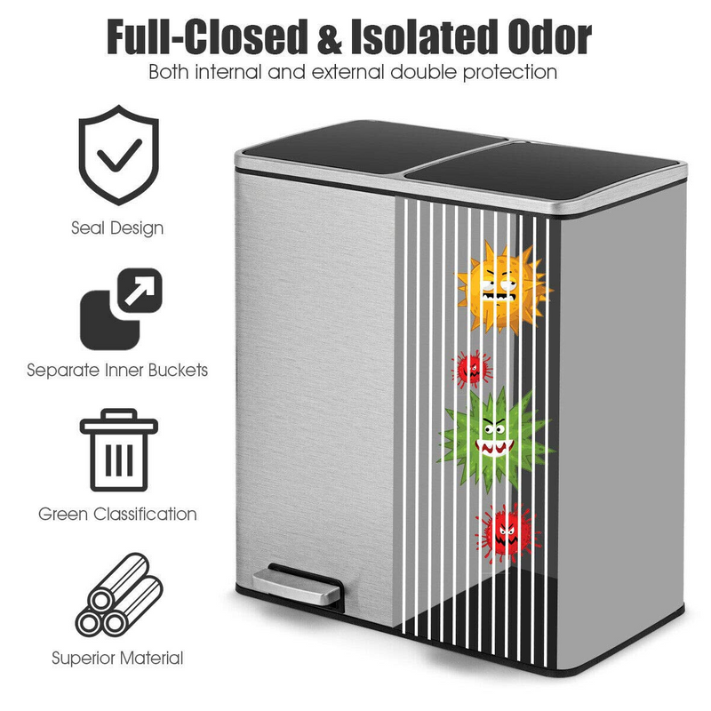 Load image into Gallery viewer, Goplus Dual Trash Can, 60 Liter (2x30L)/ 16 Gallon Stainless Steel Step Trash Can - GoplusUS
