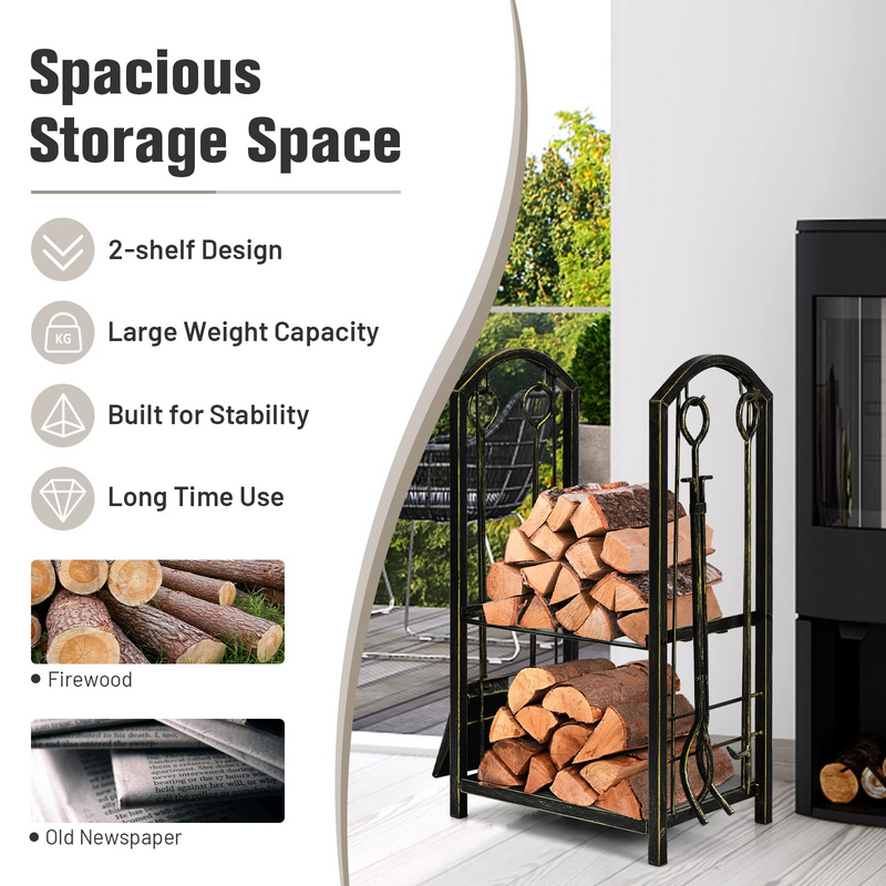 Load image into Gallery viewer, Goplus Firewood Rack with 4 Fireplace Tools, Wrought Iron Log Holders with Poker - GoplusUS
