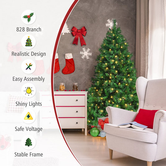 Goplus Pre-Lit Artificial Christmas Tree, Quick One Plug Hinged Xmas Pine Tree - GoplusUS