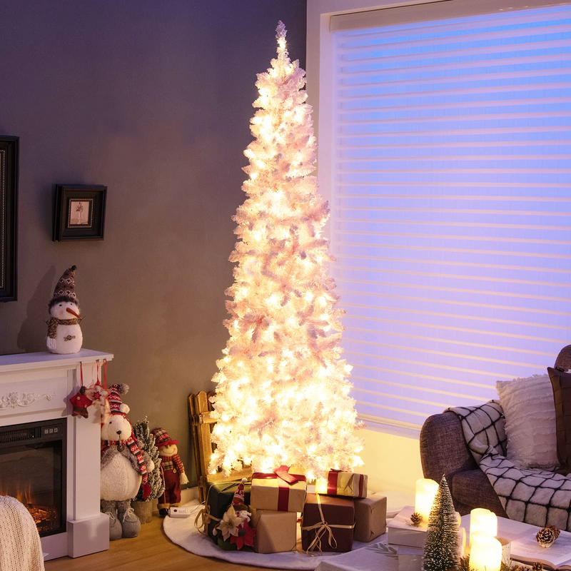 Load image into Gallery viewer, Goplus 7ft Pre-Lit Pencil Christmas Tree, Snow Flocked Artificial Slim Tree with 800 Branch Tips - GoplusUS
