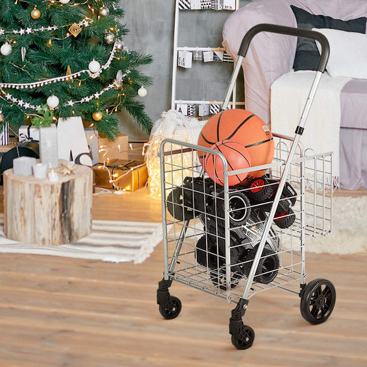 Folding Shopping Utility Cart, Double Basket and 360 Swivel Wheels, Adjustable Handle - GoplusUS