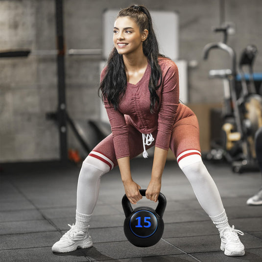 3 Pieces Kettlebell Set, 5, 10, 15 lbs HDPE Coated Concrete Fitness Kettle Bells - GoplusUS