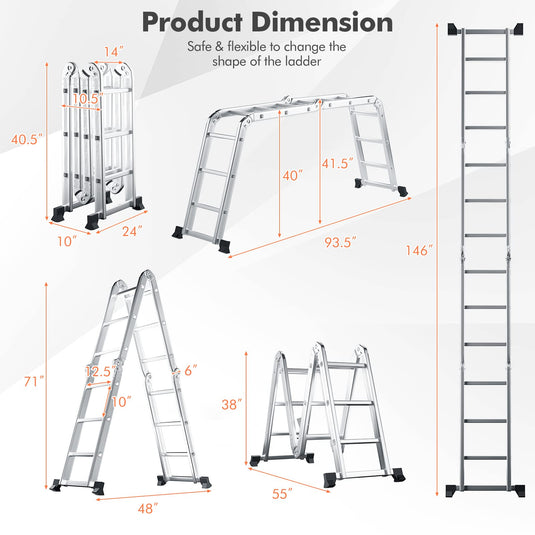 Goplus 12.2 FT Folding Step Ladder, 7-in-1 Multiposition Aluminium Extension Ladder with Reinforced Stabilizer Bar & Non-Slip Foot Pads - GoplusUS