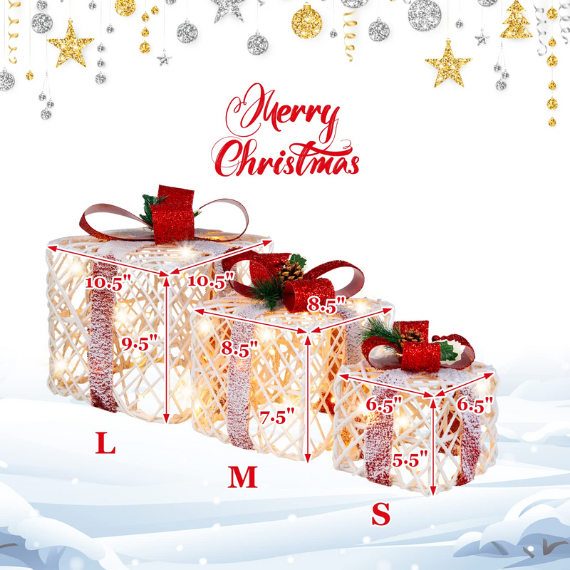 Load image into Gallery viewer, Lighted Gift Boxes Christmas Decoration, Set of 3 White Present Ornament Boxes with 60 LED Lights - GoplusUS
