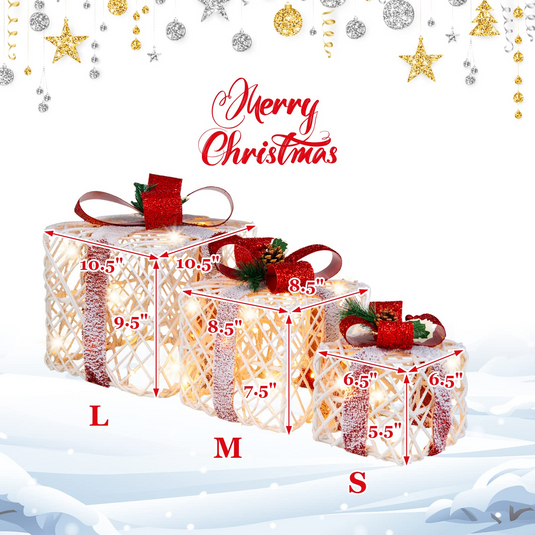 Lighted Gift Boxes Christmas Decoration, Set of 3 White Present Ornament Boxes with 60 LED Lights - GoplusUS