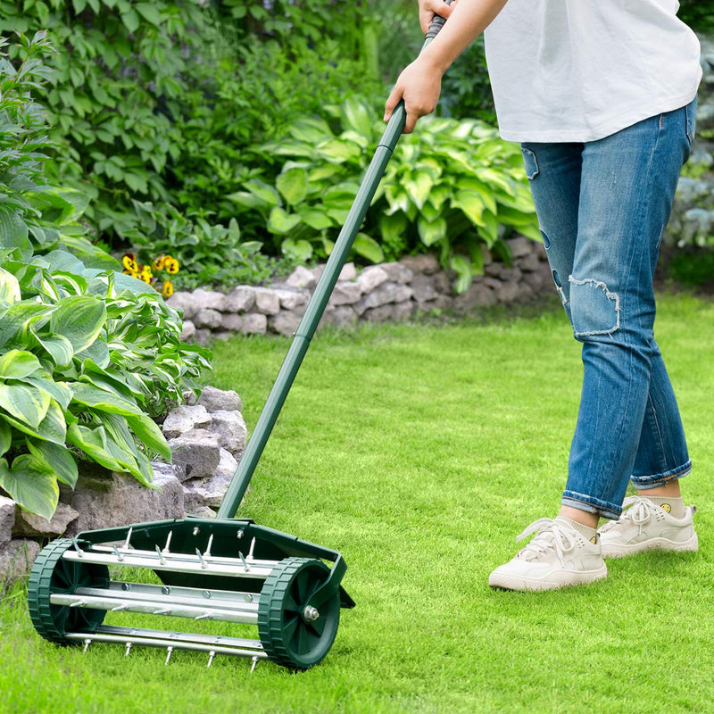 Load image into Gallery viewer, Lawn Aerator 18-inch Garden Yard Rotary Push Tine Heavy Duty Spike Soil Aeration, 40.5-in Handle (Green w/Fender) - GoplusUS
