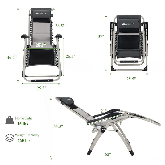 Folding Zero Gravity Chair, Removable Head Pillow, 660 lbs Weight Capacity - GoplusUS