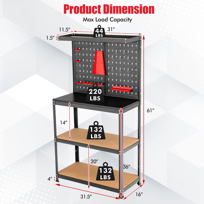 Load image into Gallery viewer, Goplus Workbench with Pegboard, Heavy-Duty Steel Tool Table with 2 Open Shelves, 13 Hanging Accessories Included - GoplusUS
