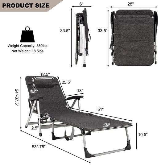 Chaise Lounge Chair, Folding Outdoor Patio Lounger with Cup Holder & Detachable Headrest - GoplusUS