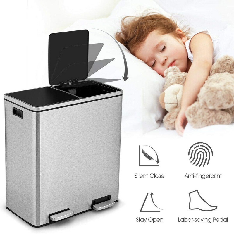 Load image into Gallery viewer, Goplus Dual Trash Can, 60 Liter (2x30L)/ 16 Gallon Stainless Steel Step Trash Can - GoplusUS
