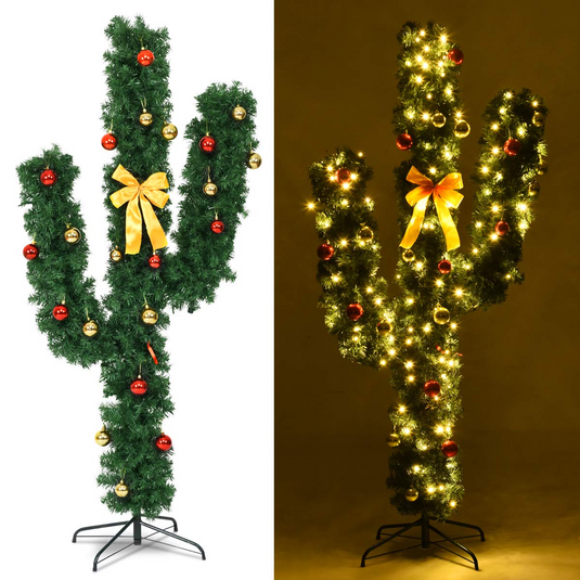 Goplus Pre-Lit Artificial Cactus Christmas Tree with LED Lights and Ball Ornaments - GoplusUS