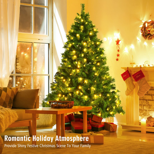 Goplus Pre-Lit Artificial Christmas Tree, Quick One Plug Hinged Xmas Pine Tree - GoplusUS