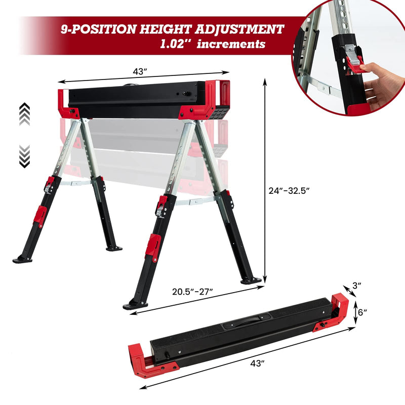 Load image into Gallery viewer, Goplus 2 Pack Folding Saw Horses, Heavy Duty Steel Sawhorse w/24闂傚倸鍊搁崐宄懊归崶顒€纾婚柟鐗堟緲绾惧潡鏌曢崼婵囧闁哄棙绮撻弻銊╂偄閸濆嫅銏ゆ煛閸曗晛鍔﹂柡?32.5闂傚倸鍊搁崐宄懊归崶顒€纾婚柟鐗堟緲绾惧潡鏌曢崼婵囧闁哄棙绮撻弻銊╂偄閸濆嫅銏ゆ煛閸曗晛鍔﹂柡?Adjustable Height, 2x4 Supporting Arms - GoplusUS
