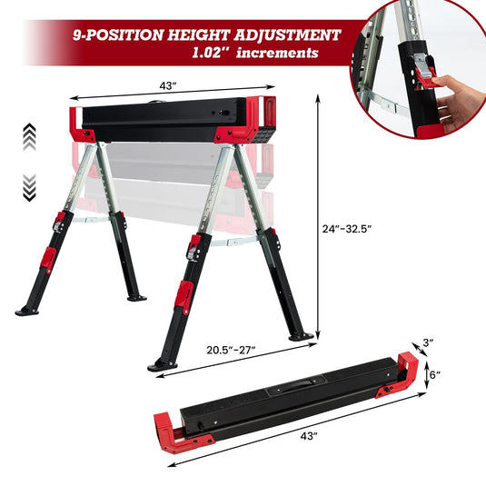 Goplus 2 Pack Folding Saw Horses, Heavy Duty Steel Sawhorse w/24闂傚倸鍊搁崐宄懊归崶顒€纾婚柟鐗堟緲绾惧潡鏌曢崼婵囧闁哄棙绮撻弻銊╂偄閸濆嫅銏ゆ煛閸曗晛鍔﹂柡?32.5闂傚倸鍊搁崐宄懊归崶顒€纾婚柟鐗堟緲绾惧潡鏌曢崼婵囧闁哄棙绮撻弻銊╂偄閸濆嫅銏ゆ煛閸曗晛鍔﹂柡?Adjustable Height, 2x4 Supporting Arms - GoplusUS