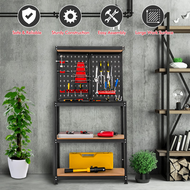 Load image into Gallery viewer, Goplus Workbench with Pegboard, Heavy-Duty Steel Tool Table with 2 Open Shelves, 13 Hanging Accessories Included - GoplusUS

