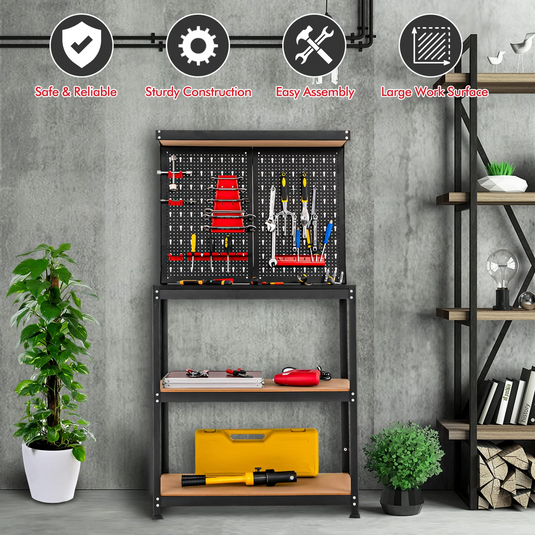 Goplus Workbench with Pegboard, Heavy-Duty Steel Tool Table with 2 Open Shelves, 13 Hanging Accessories Included - GoplusUS