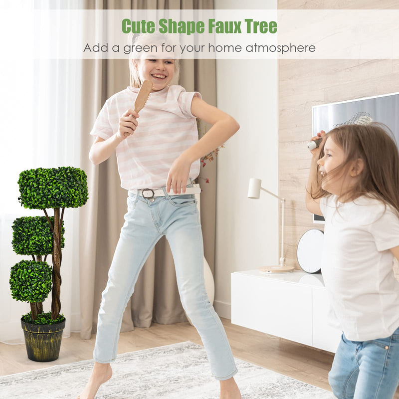 Load image into Gallery viewer, 36&#39; Artificial Triple Square Shaped Boxwood Topiary Tree W/ Cement-Filled Plastic Pot - GoplusUS
