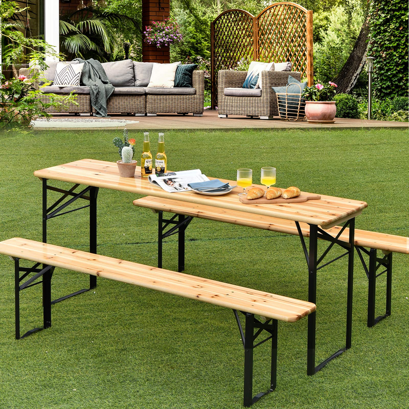 Load image into Gallery viewer, Goplus 70&quot; 3-Piece Portable Folding Picnic Table Bench Set, Portable Picnic Beer Table w/Wooden Tabletop
