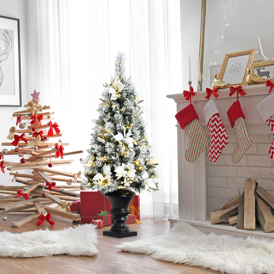 Goplus Flocked White Christmas Tree for Entrances, Pre-lit Artificial Xmas Tree w/ Warm White LED Lights - GoplusUS
