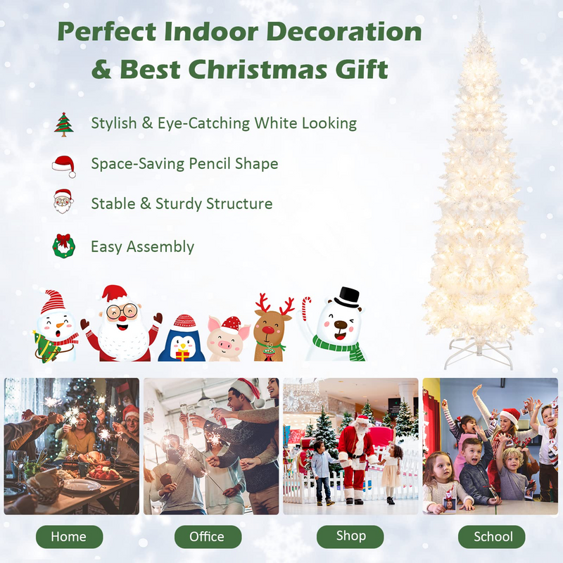 Load image into Gallery viewer, Goplus 7ft White Pre-Lit Pencil Christmas Tree, Artificial Hinged Slim Tree with 800 Tips, 300 Warm White Lights - GoplusUS
