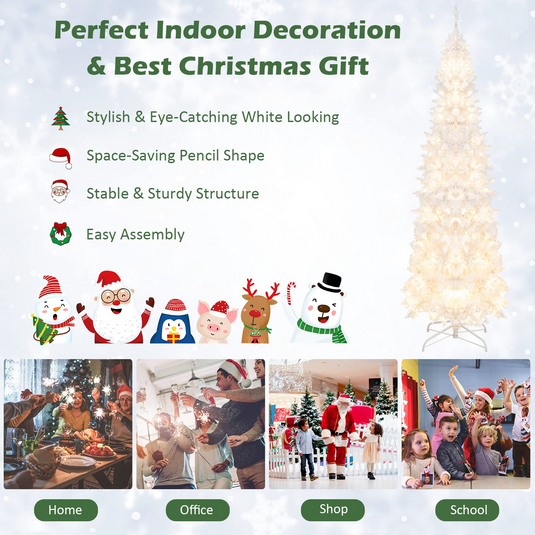 Goplus 7ft White Pre-Lit Pencil Christmas Tree, Artificial Hinged Slim Tree with 800 Tips, 300 Warm White Lights - GoplusUS