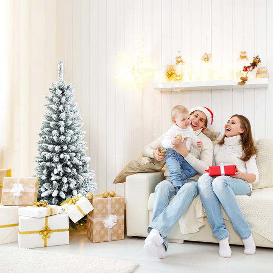 Goplus Snow Flocked Pencil Christmas Tree, Hinged Artificial Slim Xmas Tree - GoplusUS