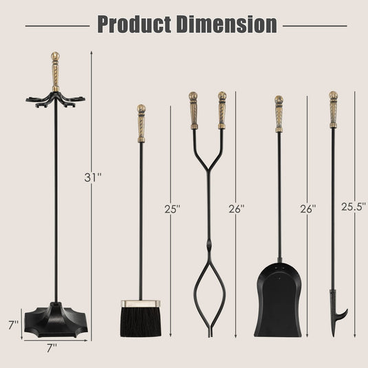Goplus Fireplace Tool Set, Outdoor Modern Fireplace Tools with Poker, Shovel, Fire-Resistant Brush, Tong, Stand - GoplusUS