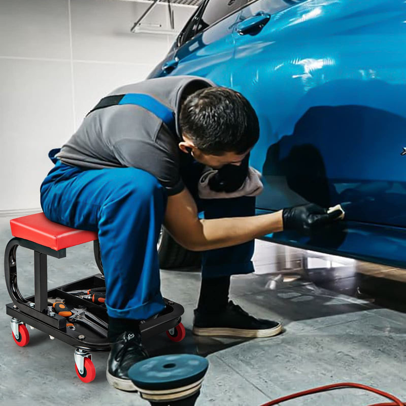 Load image into Gallery viewer, Goplus Mechanic Stool, Rolling Creeper Seat with Cushioned Seat, 4 Universal Wheels, Classified Tool Tray
