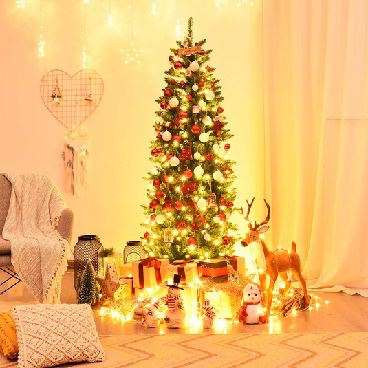 Goplus 6ft Pre-lit Artificial Christmas Tree, Hinged Fir Pencil Christmas Tree with 250 LED Lights - GoplusUS