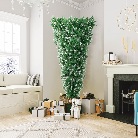 Goplus 7.5ft Pre-lit Upside Down Christmas Tree, Hinged Inverted Artificial Xmas Tree W/ 1100 Snowy Branch Tips - GoplusUS