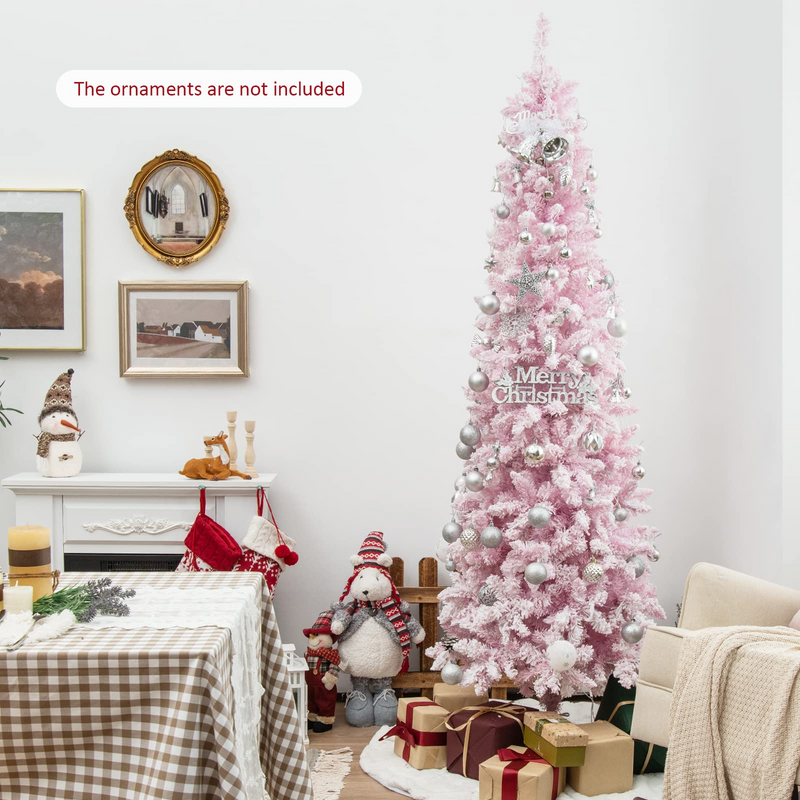 Load image into Gallery viewer, Goplus 7ft Pre-Lit Pencil Christmas Tree, Snow Flocked Artificial Slim Tree with 800 Branch Tips - GoplusUS
