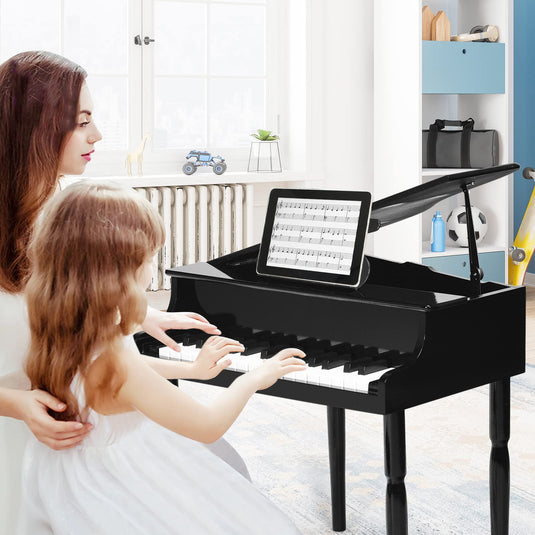 Goplus 30-Key Classical Kids Piano, Mini Grand Piano Wooden Learn-to-Play Musical Instrument Toy with Bench (4 Straight Leg-Black)