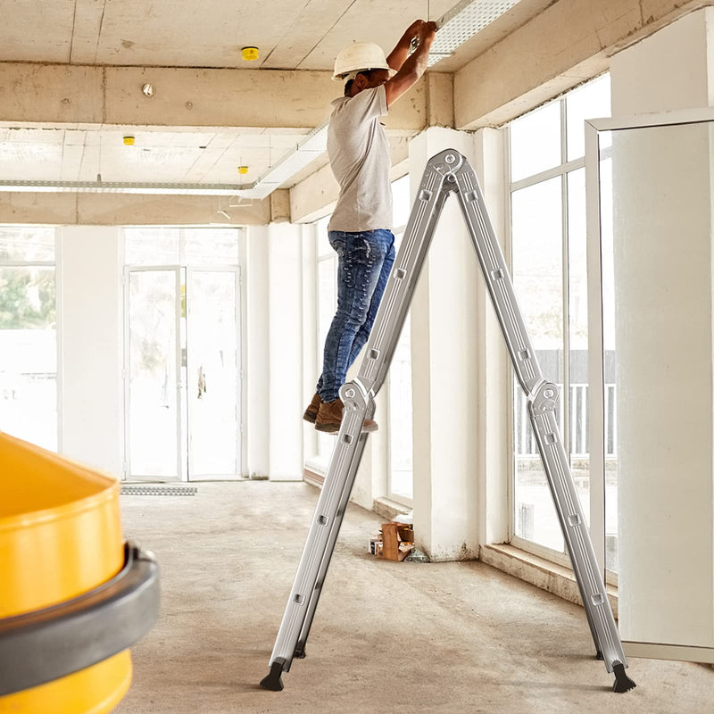 Load image into Gallery viewer, Goplus 12.2 FT Folding Step Ladder, 7-in-1 Multiposition Aluminium Extension Ladder with Reinforced Stabilizer Bar &amp; Non-Slip Foot Pads - GoplusUS
