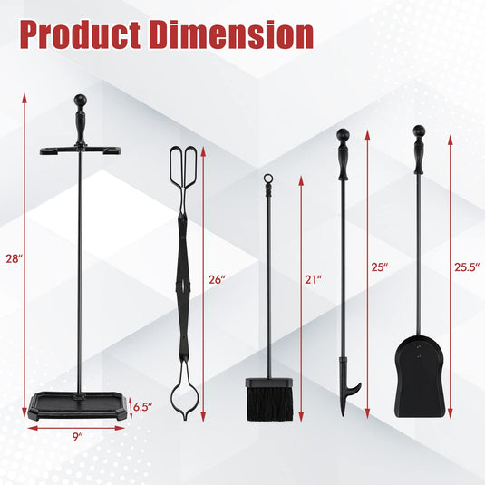 Goplus 5-Piece Fireplace Tools Set, Heavy Duty Steel Fireplace Tools with Poke, Shovel, Fire-resistant Palm Brush, Tong,Stand - GoplusUS
