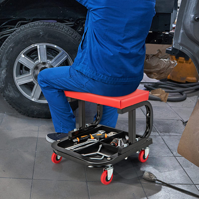 Load image into Gallery viewer, Goplus Mechanic Stool, Rolling Creeper Seat with Cushioned Seat, 4 Universal Wheels, Classified Tool Tray
